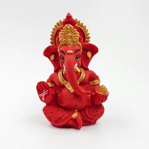 Vibrant Red Finish Lord Ganesha Idol with Golden Accents for Puja & Home Decor