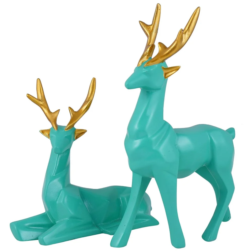 Polyresin Set of 2 Green Deer Showpiece For Home Decor, Dust With Dry Cloth