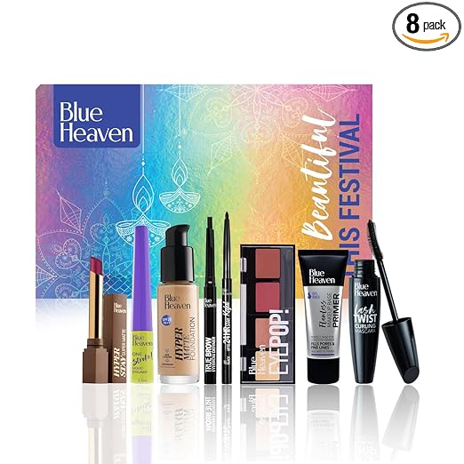 Blue Heaven Festive Makeup Kit | Pack of 8 Makeup Products | All-in-One Makeup Set for Bridal, Party, Everyday & Gifting | Medium Tone