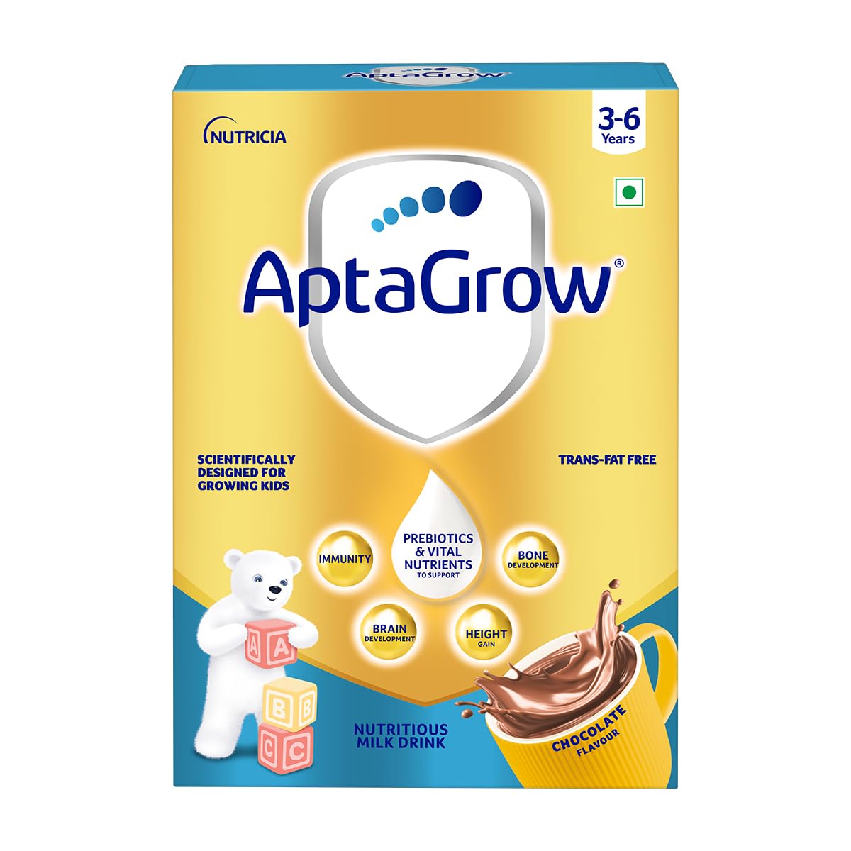AptaGrow Milk Drink Powder For Kid S Height Gain,Immunity & Brain Development,Nutritious & Tasty Chocolate Flavor,400 G|37 Nutrients|Prebiotics|Low Fat|Veg,1 Count,13 Servings