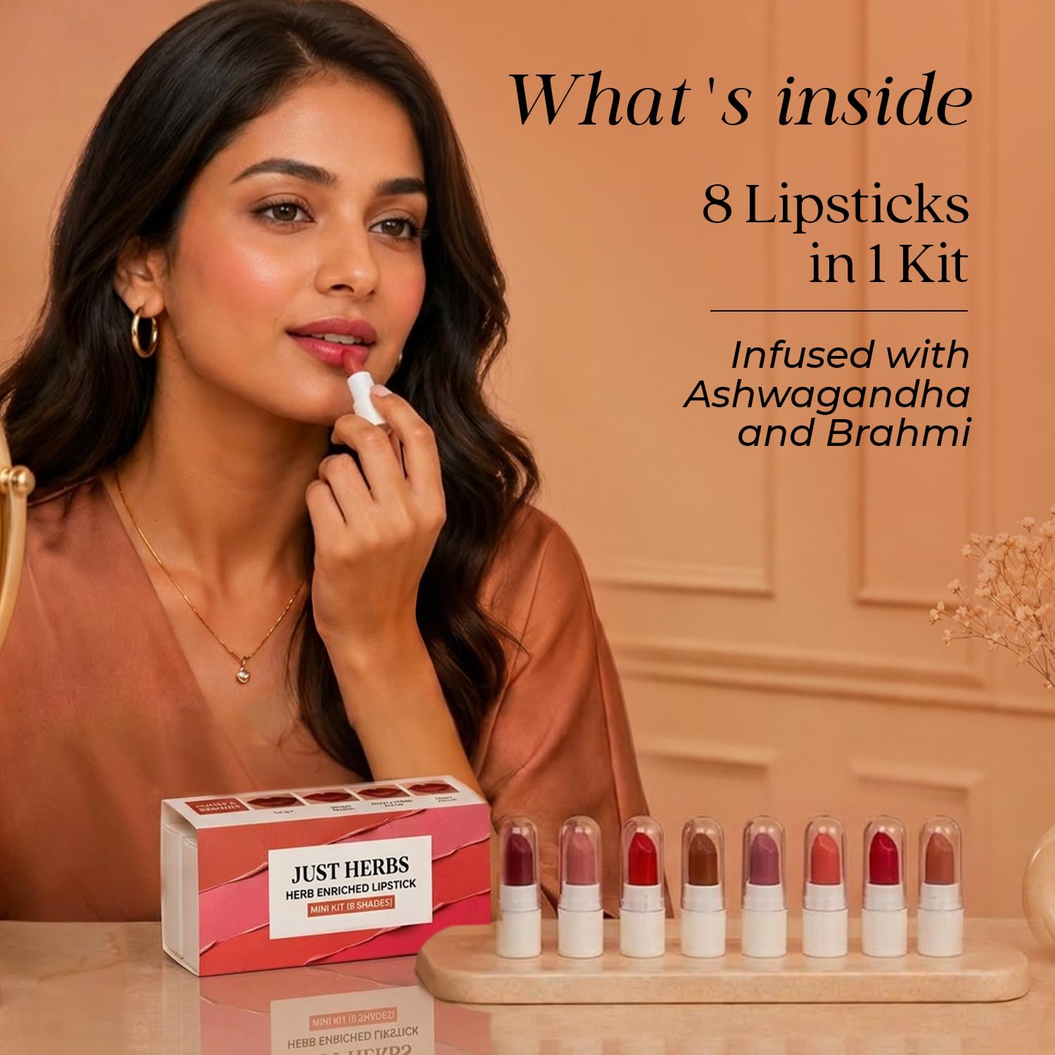Just Herbs Herb Enriched Lipstick Kit | 8 Creamy Matte Shades | Travel Friendly & Richly Pigmented | Infused with Ashwagandha, Brahmi & Castor Oil | Curated for Indian Skin Tones