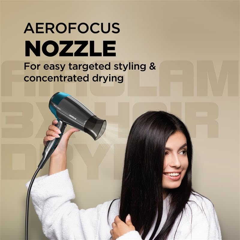 Havells Styling Hair Dryer | Hypersonic Motor | 3 Detachable Attachment| Diffuser, Quill-Style Comb, Aerofocus Nozzle|3 Temperature/2 Speed Settings| Cool Shot| 1200 W |2 years guarantee|HD4161