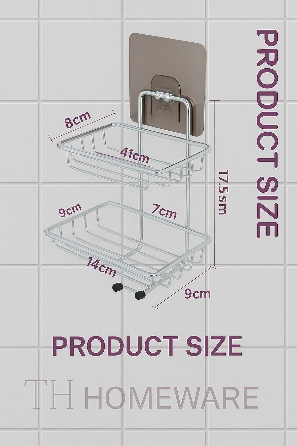 TH Homeware 2 Layer Stainless Steel Wall Mounted Kitchen & Bathroom Storage Rack | Multipurpose Organizer Shelf with Adhesive Hooks (Silver) Premium