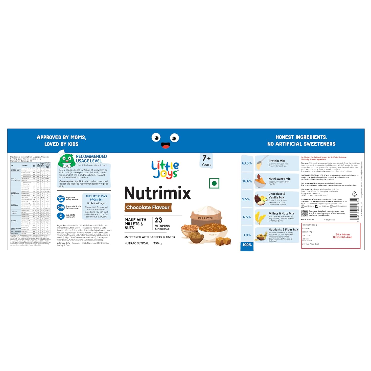 Little Joys Chocolate Nutrimix 7+ (350g) | 7-12 Years | Naturally Sweetened with Dates & Jaggery | With 23 Essential Vitamins & Minerals | 9g Protein per Serving