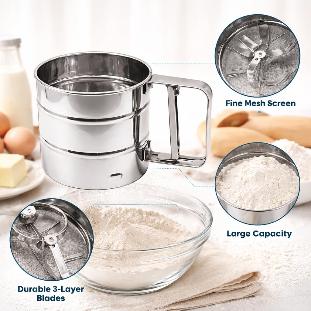 Flour Sifter Stainless Steel for Baking | Atta Channi/Flour Sieve with Fine Mesh & Easy Press Handle | Powdered Sugar & Maida Sifter | Baking Flour Strainer Kitchen Tool