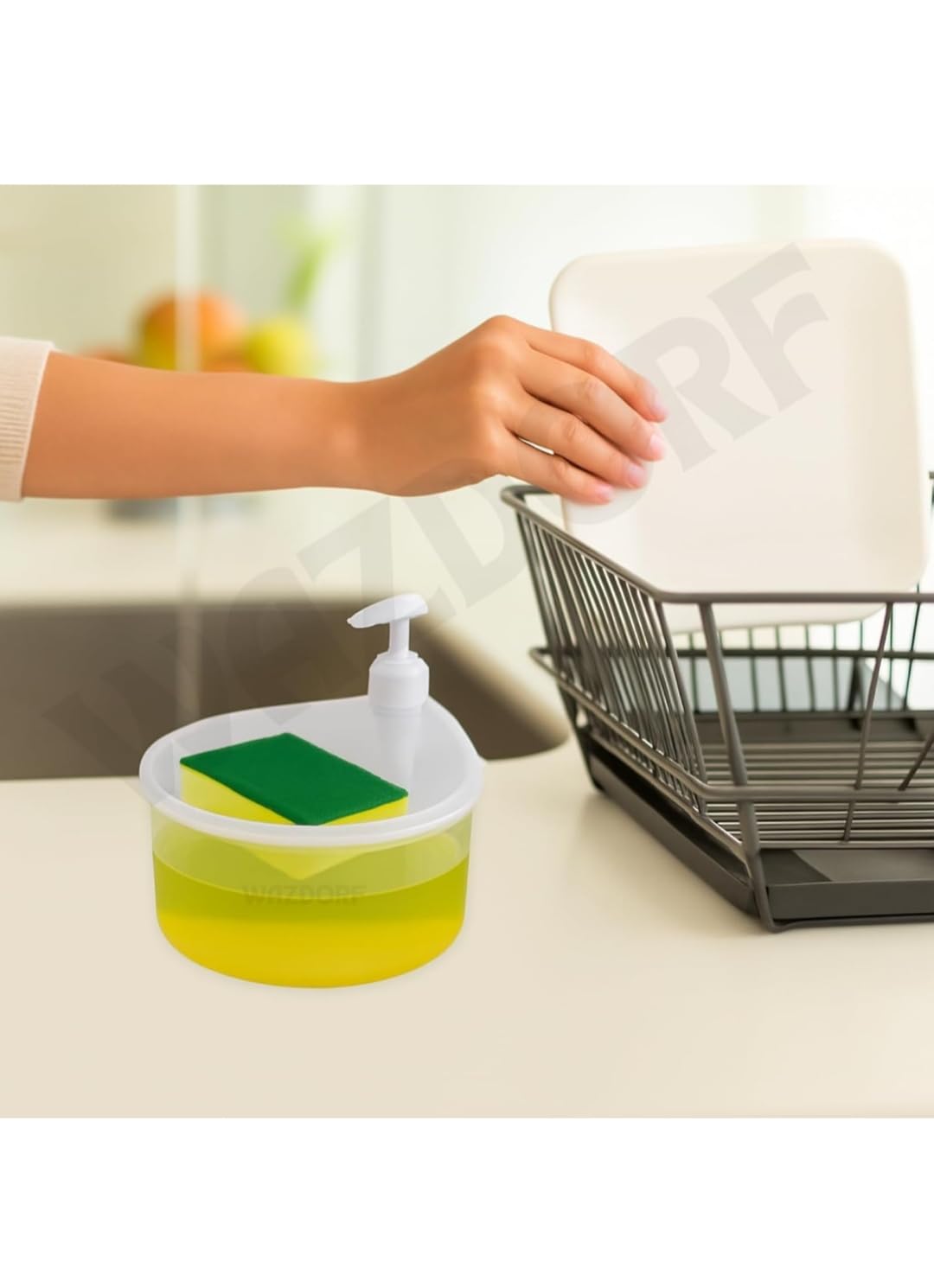 Alpenia Plastic 2-in-1 Soap & Liquid Dispenser – Dishwashing Liquid Dispenser with Sponge Holder for Kitchen Sink, Countertop, and Bathroom Accessories Items (400 ml)(White)