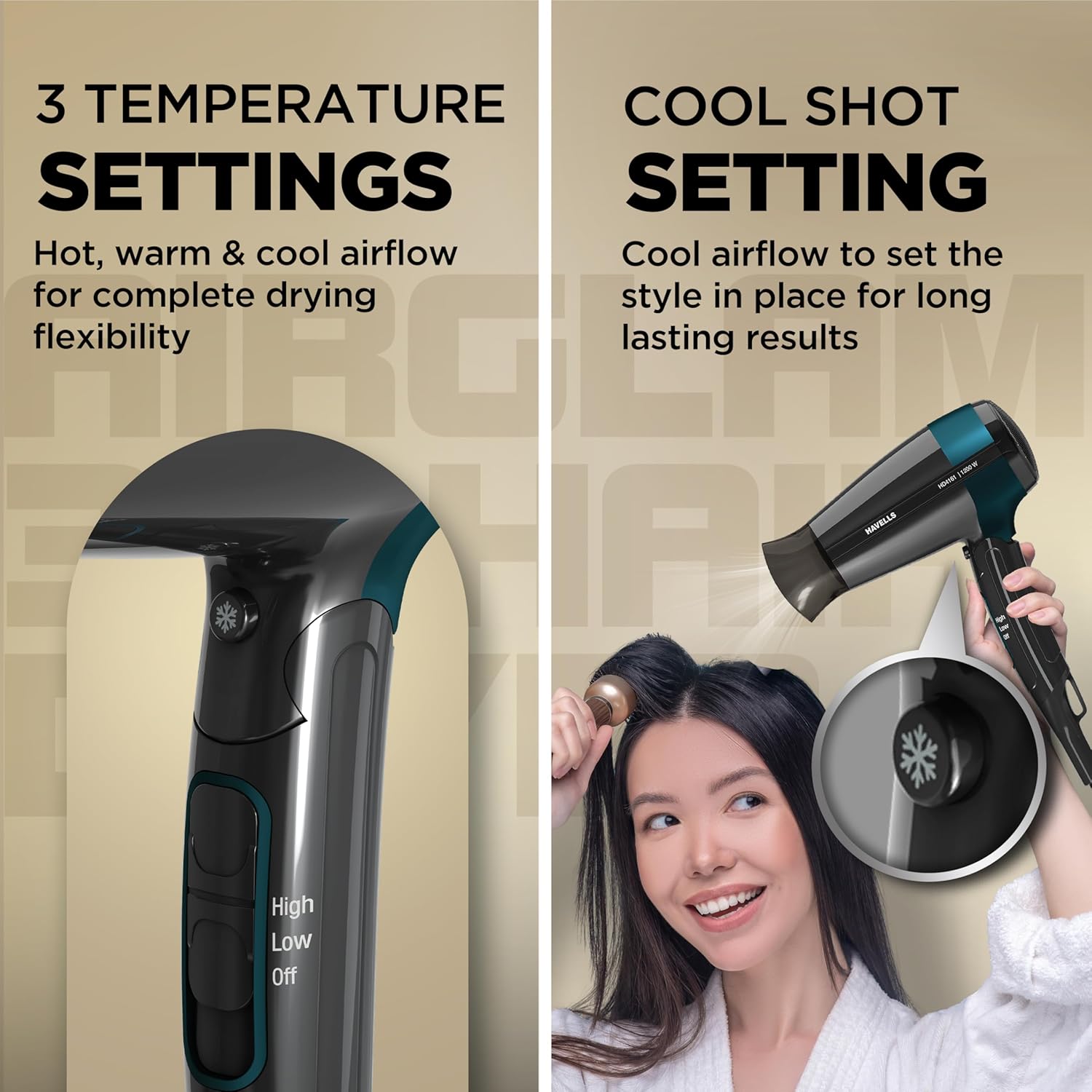 Havells Styling Hair Dryer | Hypersonic Motor | 3 Detachable Attachment| Diffuser, Quill-Style Comb, Aerofocus Nozzle|3 Temperature/2 Speed Settings| Cool Shot| 1200 W |2 years guarantee|HD4161