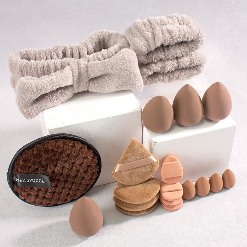 Multi-Shape Makeup Sponge Set | 20 Piece Beauty Puff Collection with Headband and Clean Sponge | Pink, Purple, Beige & Bright Sets | Face Blender Kit for Cream, Liquid & Powder