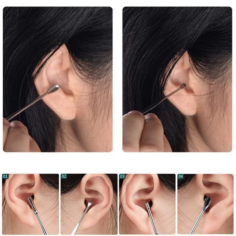 Ear Wax Cleaner (6 Pc) Resuable Ear Wax Cleaner Reusable Removal Kit Steel Ear Cleansing Tool Set Spiral Ear Curette Tool with Cleaning Brush For Kids Man Woman (STEEL)