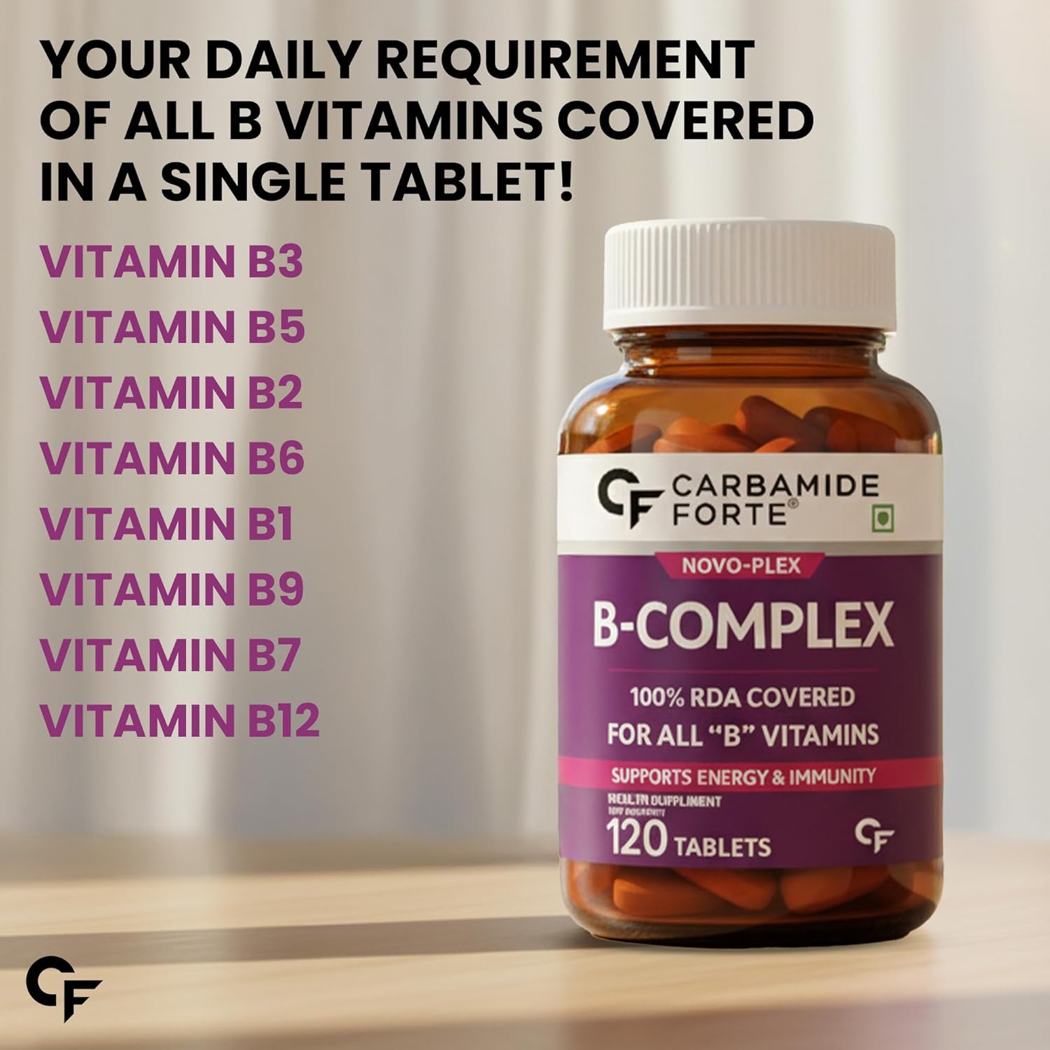 Carbamide Forte Vitamin B-Complex Tablets - 100% RDA for B Vitamins with B1, B2, B3, B5, B6, B9 & Vitamin B12 | Vitamin B Complex Supplements for Women & Men - 120 Vegetarian Tablets