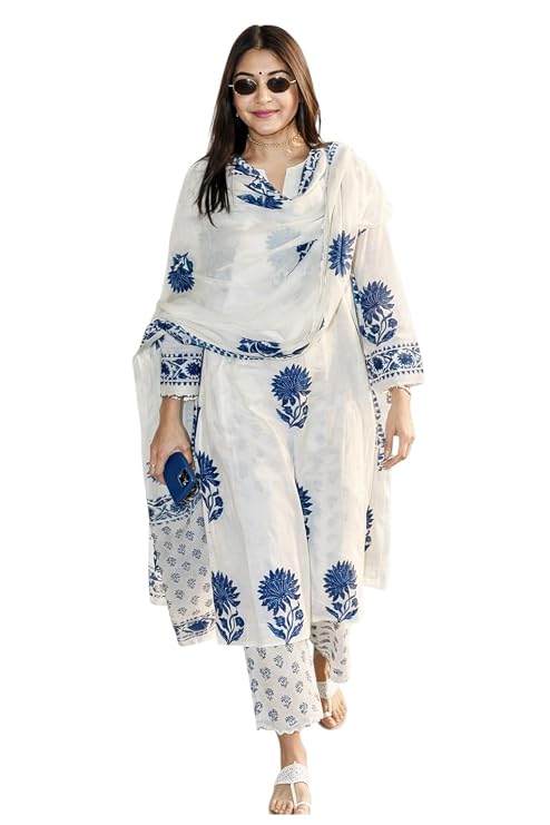 Women's Hand Block Floral Printed Straight Kurta Set with Palazzo Pants & Dupatta Ethnic Kurta Set for Casual Outings Day Events Summer Wear Festive