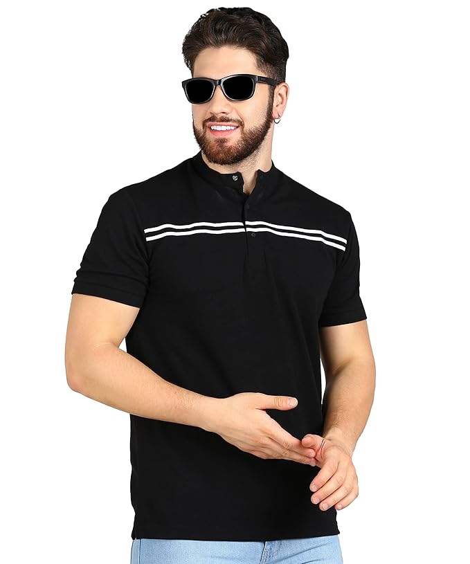 Alan Jones Clothing Men's Cotton Regular Fit Mandarin Collar Solid Polo T-Shirt